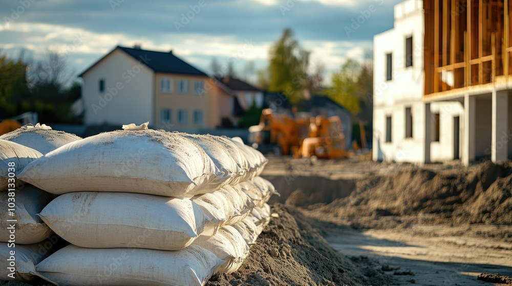 Poster construction site view with white cement bags stacked in a line, partially built structure visible i