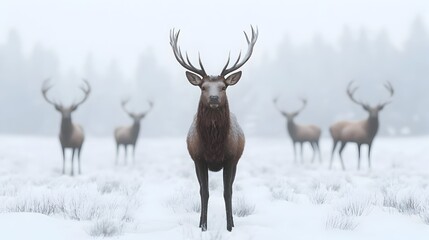 Obraz premium Majestic Deer Herd Stands Tall in Snow Covered Meadow Amidst Nature s Splendor