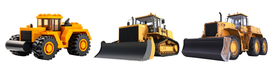 Fototapeta premium PNG Construction Equipment Set of Three Bulldozers
