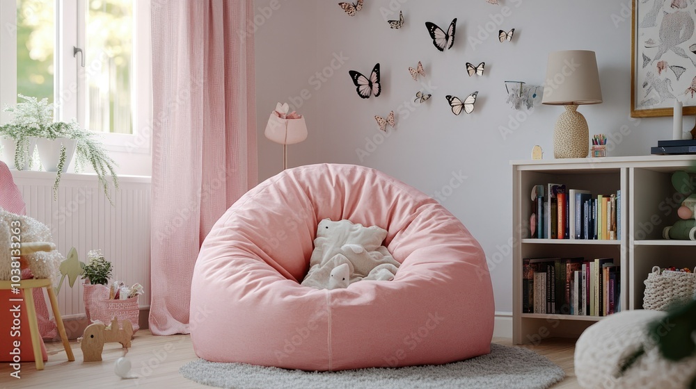 Poster cozy pink beanbag with a fluffy throw in a stylish room, butterfly decals adding a whimsical touch, 