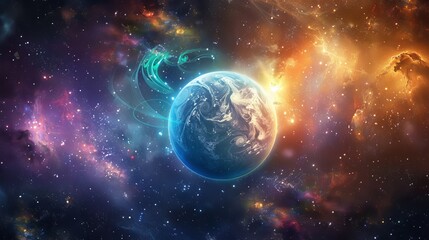 Obraz premium Vibrant cosmic sphere radiating energy swirls against a dark celestial background with stars