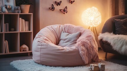 Cozy pink beanbag with a fluffy throw in a stylish room, butterfly decals adding a whimsical touch, paired with a small bookshelf and a lamp.