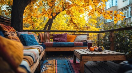 Obraz premium Cozy terrace scene with wooden furniture, colorful cushions, and soft blankets, set against the backdrop of yellow autumn foliage
