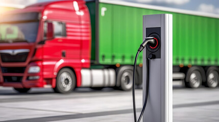 Electric trucks at charging stations, focus on charging plug