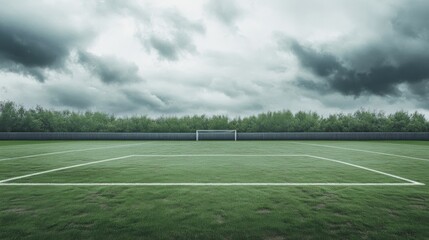 A soccer field with a detailed view of the penalty box and worn turf, outdoor setting with an overcast sky, Textured style