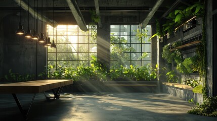 Fototapeta premium A serene interior space with abundant greenery and sunlight streaming through large windows, creating a tranquil and inviting atmosphere.