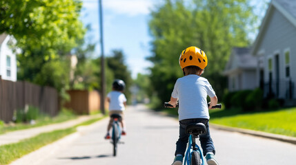 Fototapeta premium Parent Teaching Child to Ride Bicycle in Neighborhood