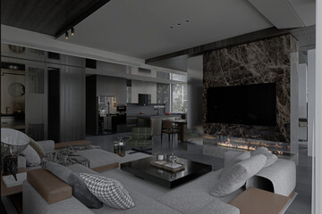 Modern dark gray living room with gray sofa and TV panel.