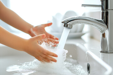 A girl washing hands with soap at a bathroom sink, water flowing from the faucet for hygiene care