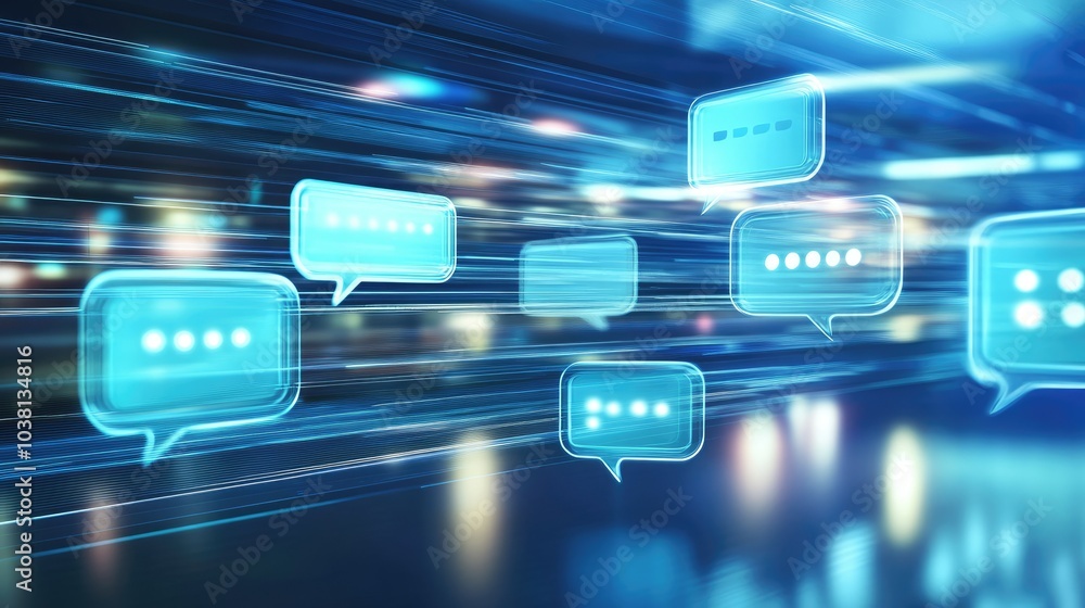 Poster floating holographic gpt chat interface with speech bubbles, displayed in a virtual space with a blu