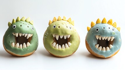 Dinosaur donuts on white background