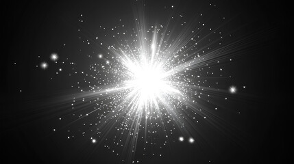 Fototapeta premium A digital illustration of a bright white explosion of light with sparkles on a black background.