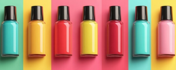 Obraz premium A vibrant row of colorful nail polish bottles against a bright background, showcasing a palette of blue, yellow, red, and pink.