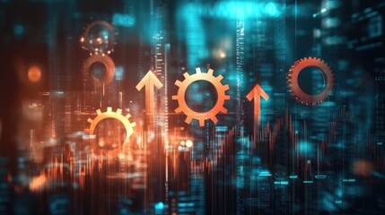 Obraz premium Gears and arrows rising upward, representing business growth and innovation, set against a digital-style background.