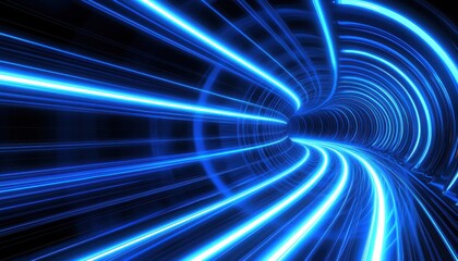 A dynamic tunnel of glowing blue light, creating a sense of speed and motion, suggesting futuristic travel or digital pathways.