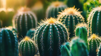 Green cacti of various shapes and sizes arranged together in a desert garden.