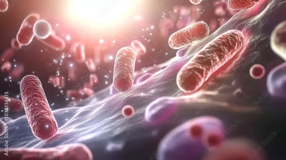 Poster a vibrant, microscopic view of bacteria and cells, showcasing their intricate structures and interac