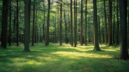A quiet forest clearing in North America with tall trees, leaving ample space for copy.