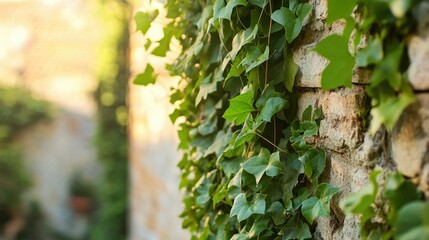 Obraz premium Green ivy climbing up the brick wall of a quaint old building in soft sunlight.
