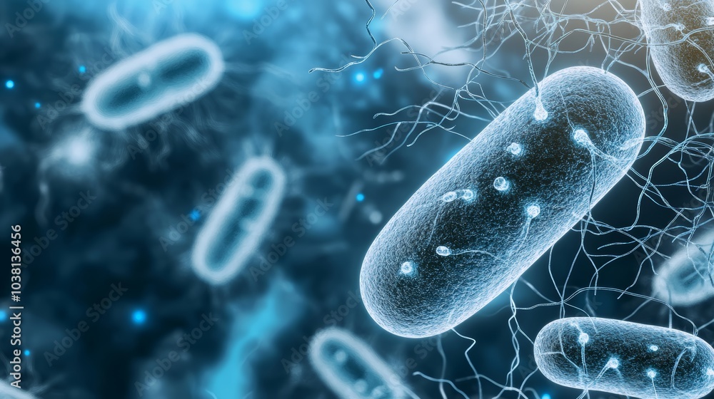 Poster microscopic view of bacteria, showcasing their structure and interconnected networks against a vibra