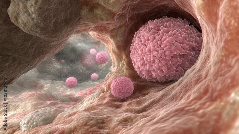 Poster the image shows a close-up view of cells, highlighting pink circular structures within a biological 