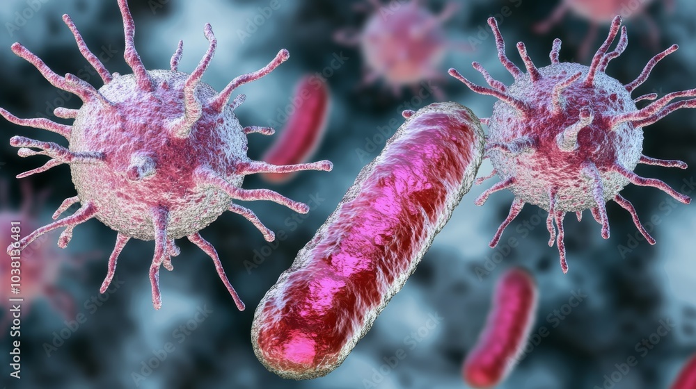 Poster a close-up depiction of bacteria and viruses, showcasing their intricate structures and interactions