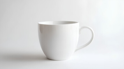 Fototapeta premium A single white mug with a rounded base and a handle sits on a plain white background.