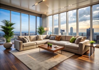 Fototapeta premium Expansive minimalist living room featuring a large sectional sofa, breathtaking city views, contemporary design, open layout, abundant natural light, and a vibrant urban lifestyle.