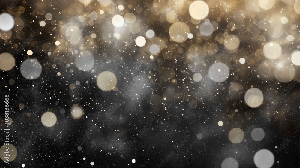Poster a sparkling background of golden and silver bokeh lights against a dark backdrop, creating a festive