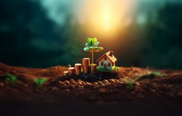 A miniature house sits on a mound of dirt with a small plant growing next to it. Several stacks of coins are in front of the house, representing growing wealth.