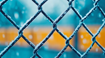 Fototapeta premium Close-up of a frosted chain-link fence with vibrant background color.
