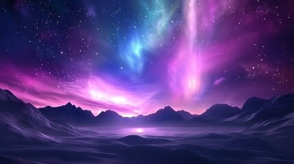 A breathtaking cosmic scene featuring vibrant auroras above majestic mountains under a starry sky.