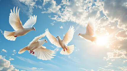 Four white doves in flight, soaring through a bright blue sky with white clouds and sunshine.