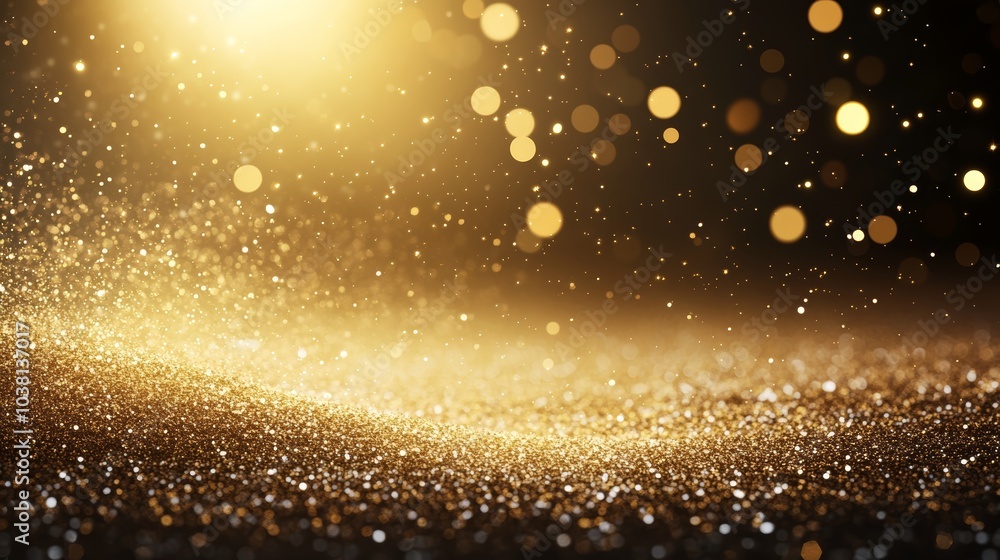 Poster a shimmering gold background with soft particles illuminated by a warm light, creating a magical and