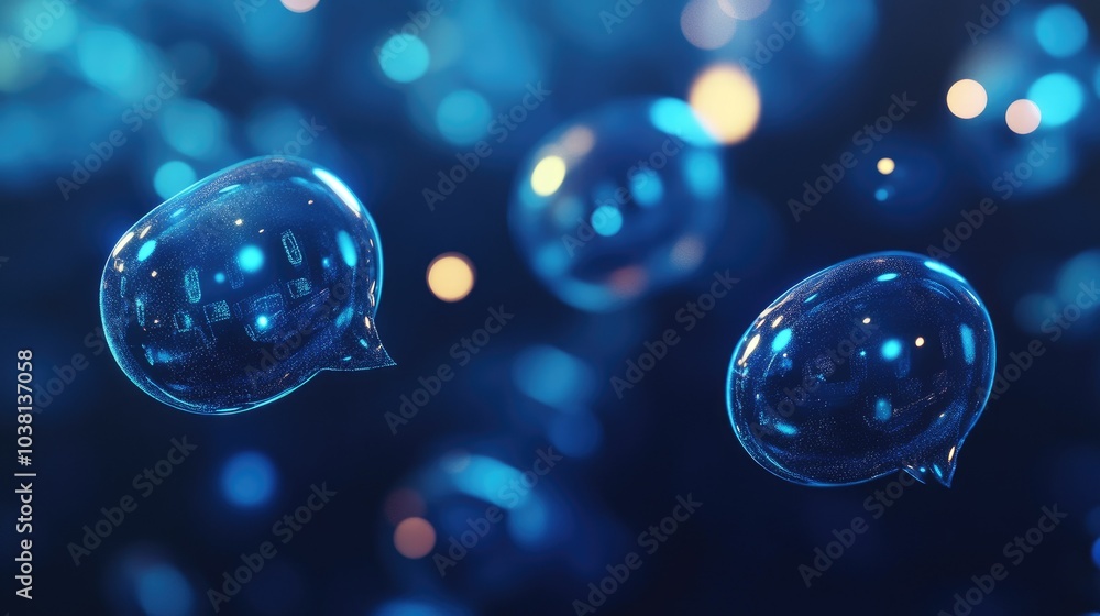 Poster holographic chat bubbles emerging from a digital gpt interface, with a blurred blue background repre