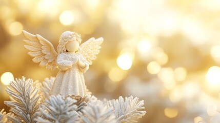 Fototapeta premium Angelic presence, a miniature angel figurine adorns festive christmas tree