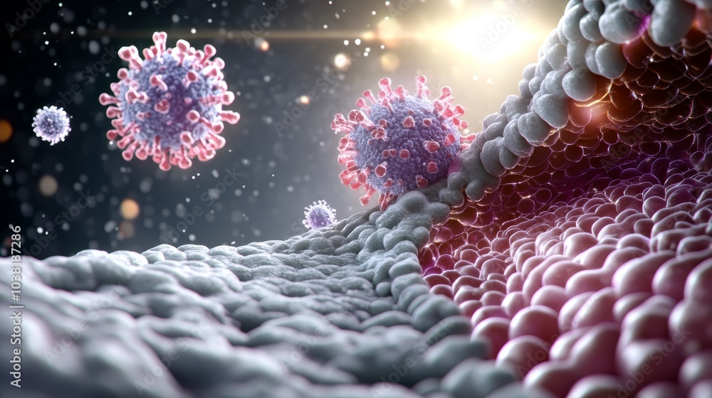 Poster a vibrant depiction of microscopic viruses interacting with cell structures, showcasing the complexi