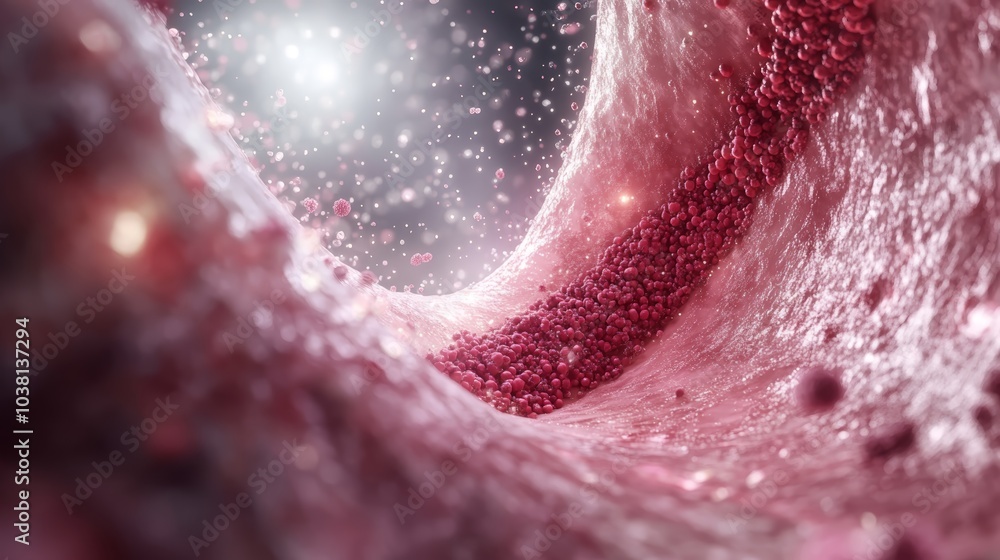 Poster a close-up view of a textured, organic structure, pulsating with vibrant red hues and particles, evo