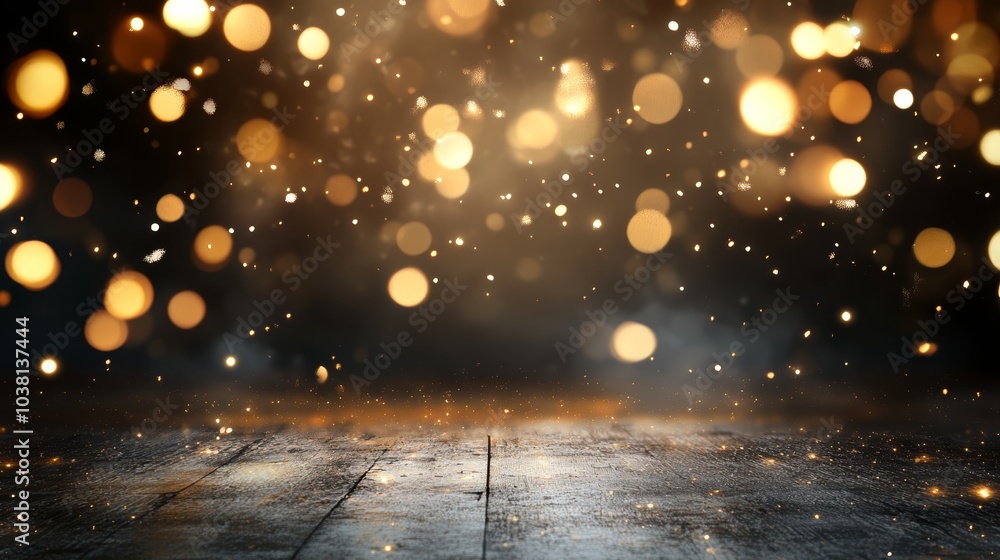 Poster a mesmerizing scene featuring shimmering golden bokeh lights against a dark background, creating an 
