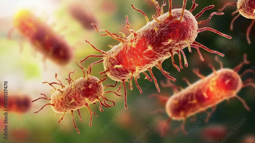 Poster the image depicts a close-up view of bacteria, showcasing their complex structures and vibrant color