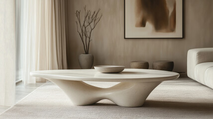Modern beige coffee table in a minimalist living room setting.