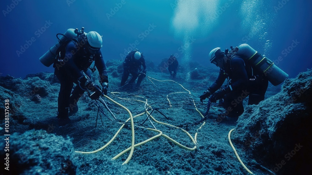Poster installation of submarine cables with teams from various countries coordinating, ensuring secure and