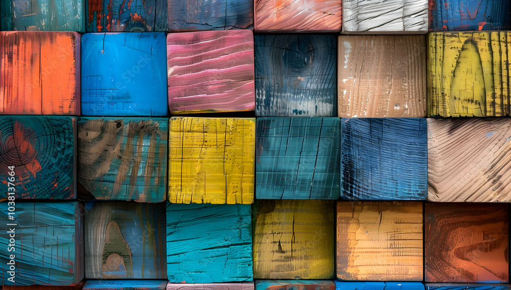 Poster colorful wooden blocks arranged in a grid pattern, each block painted with different colors and text