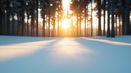 Naklejka premium Snow Covered Forest at Sunrise with Filtering Light