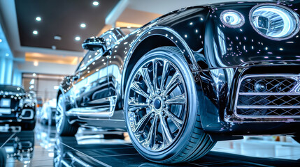 Luxurious black vehicle on display in an upscale showroom highlighting its sleek chrome wheels and polished finish in a modern auto shop setting