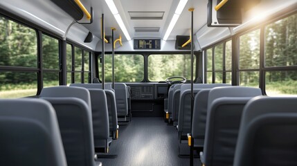 Interior of a contemporary school bus, highlighting smooth surfaces, minimal details, and a focus on efficient space use.
