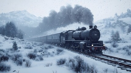 Obraz premium Snow Covered Train Traversing Majestic Mountain Pass in Scenic Landscape
