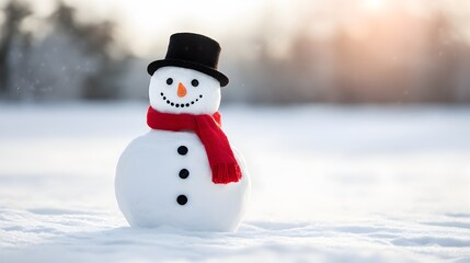 Fototapeta premium Solitary Snowman Stands Tall in Snowy Landscape