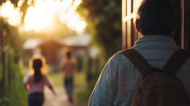Worker Returning Home to Children Embracing at Front Door