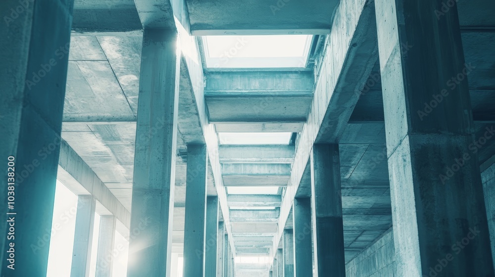 Poster perspective of a long and empty hallway with concrete columns